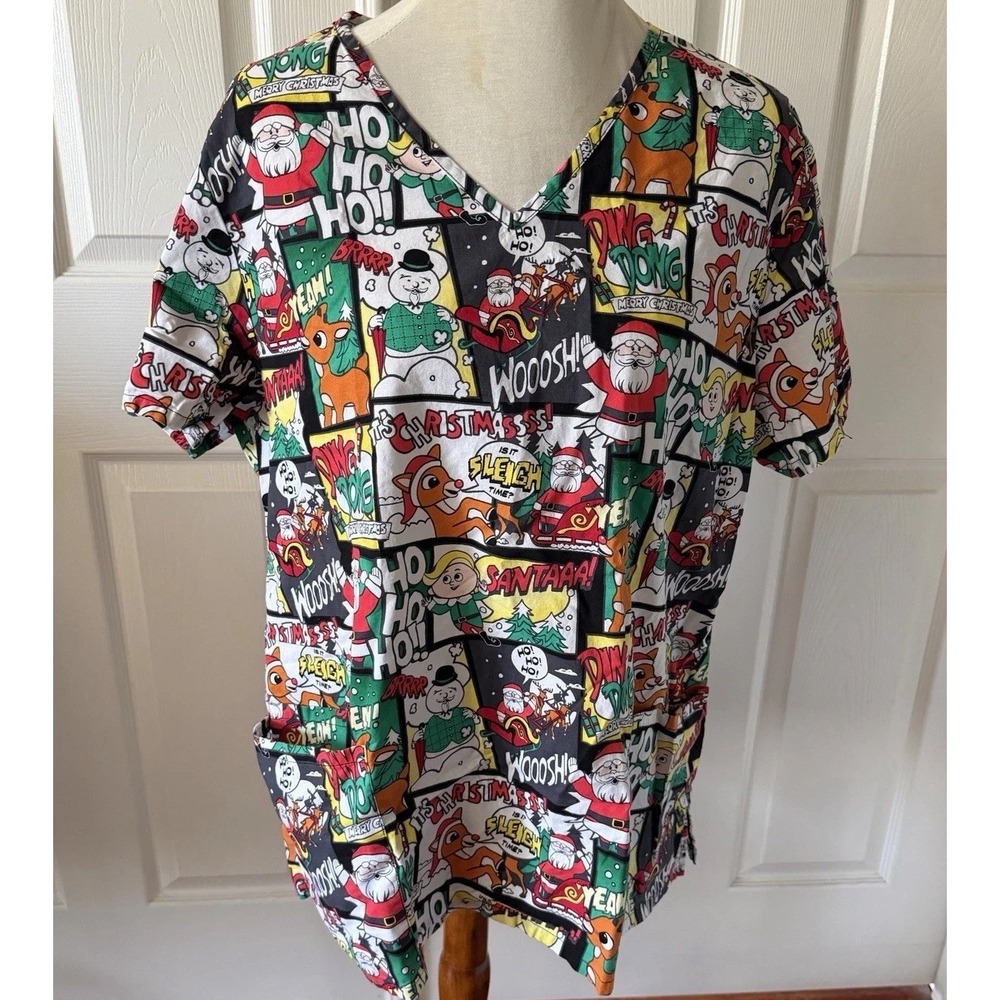 Rudolph Red Nosed Reindeer Christmas Scrub Top XL Pockets Comic Print Cotton